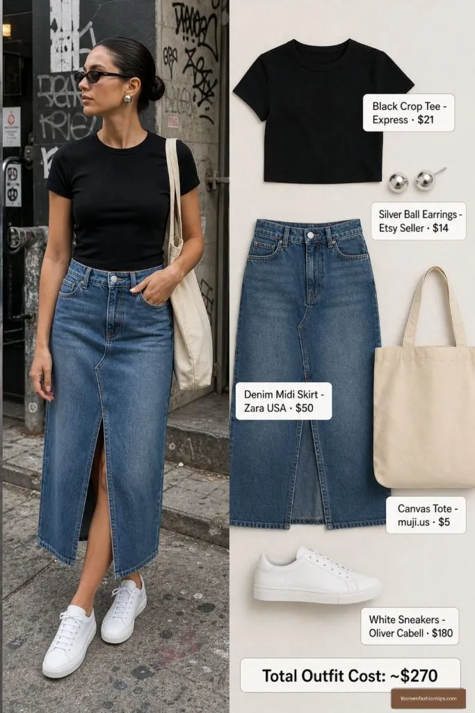 Black Crop Tee with Denim Midi Skirt