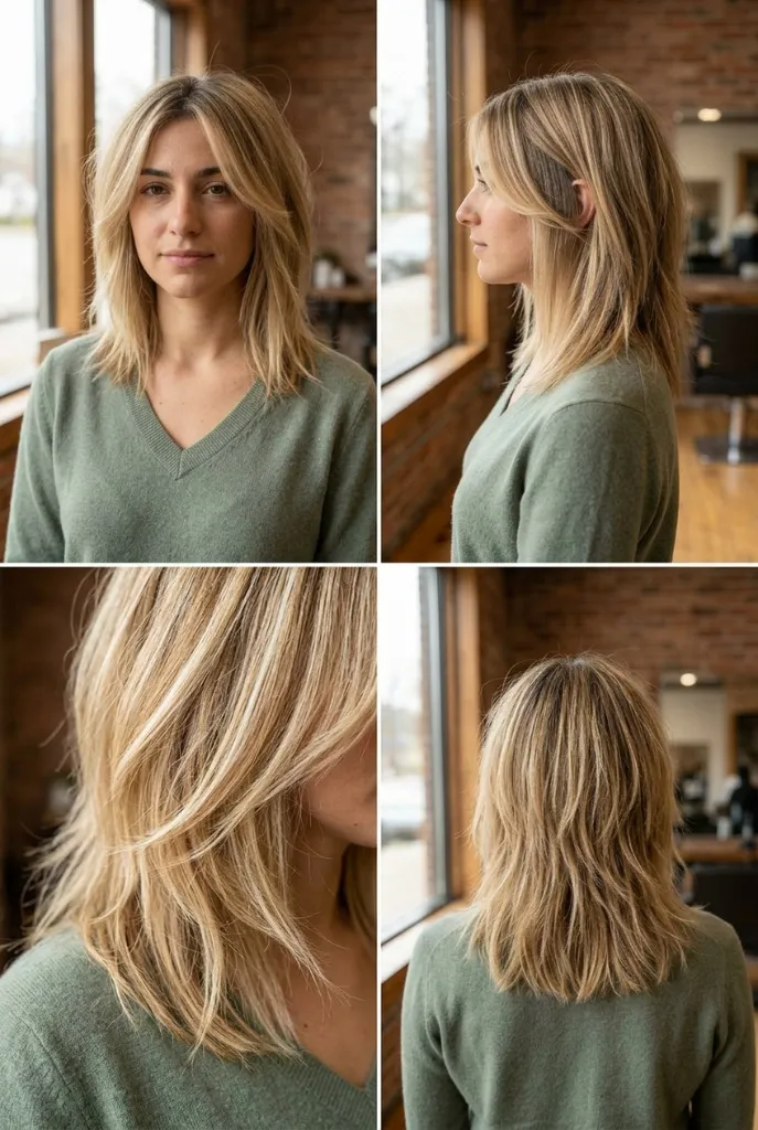 Blonde shoulder-length textured lob with shaggy layers, woman in green v-neck at salon, four-angle view