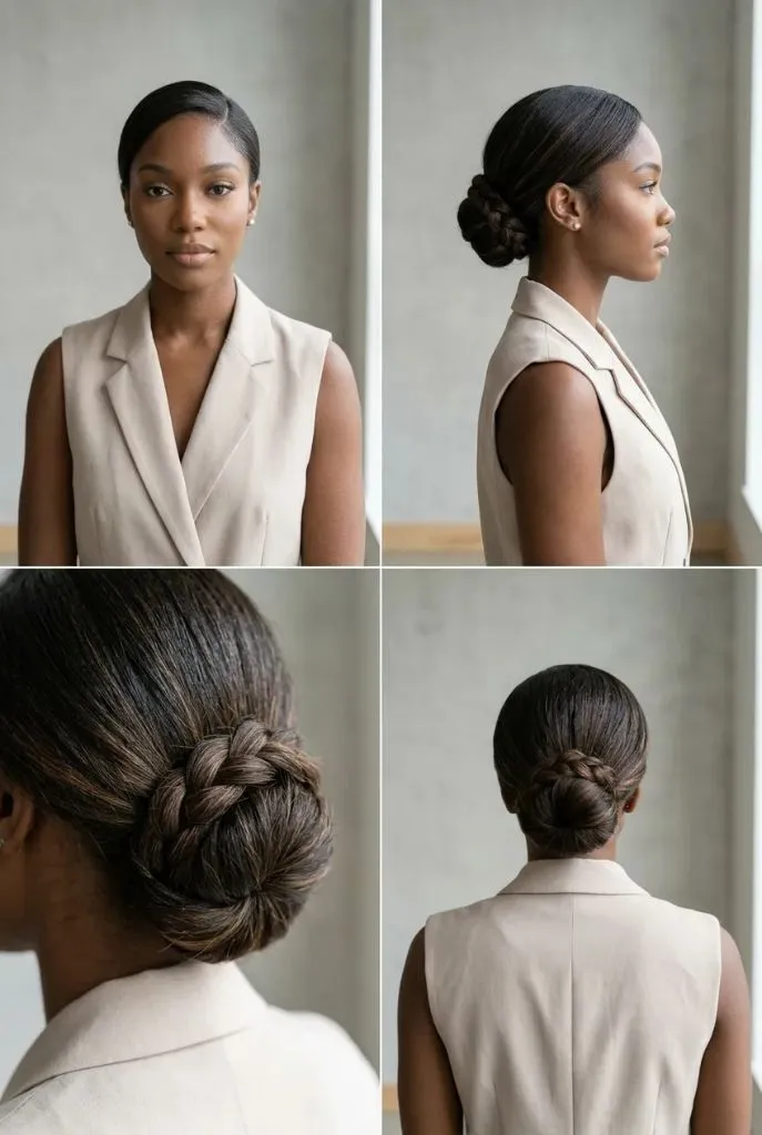 Four-panel view of sleek low braided bun on natural Black hair, beige sleeveless blazer, minimal studio setting — polished, professional, elegant