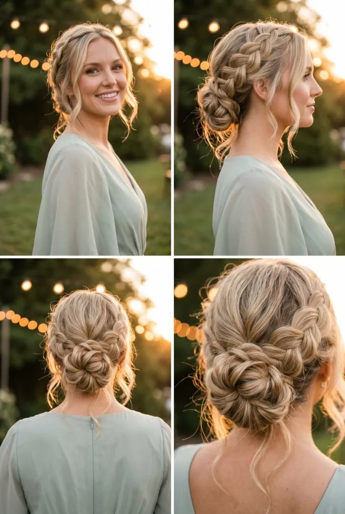 Braided low bun updo with blonde hair in a loose French braid flowing into a textured bun, sage green blouse, outdoor golden hour setting with string lights — soft bohemian romantic vibe