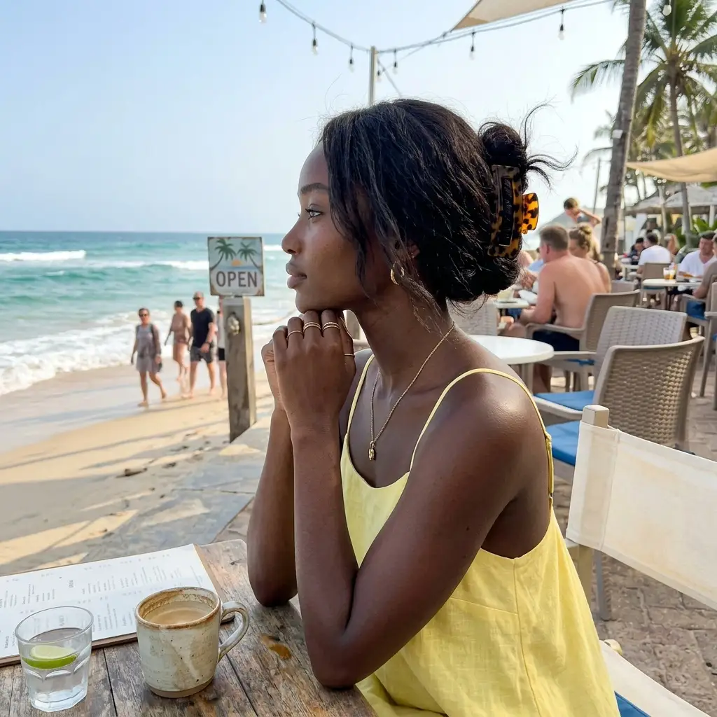 Beachfront claw clip bun — dark hair in a small casual bun secured with a tortoiseshell claw clip, yellow linen tank top, sitting at a beachfront café with a coffee
