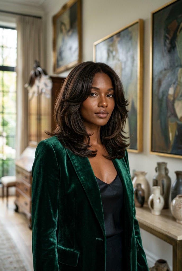 Velvet Brunette Blowout Shag 2026 Shoulder-length dark chocolate layered shag with bouncy curled ends in an elegant room