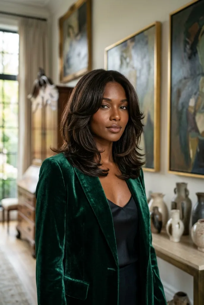 Shoulder-length dark chocolate layered shag with bouncy curled ends in an elegant room