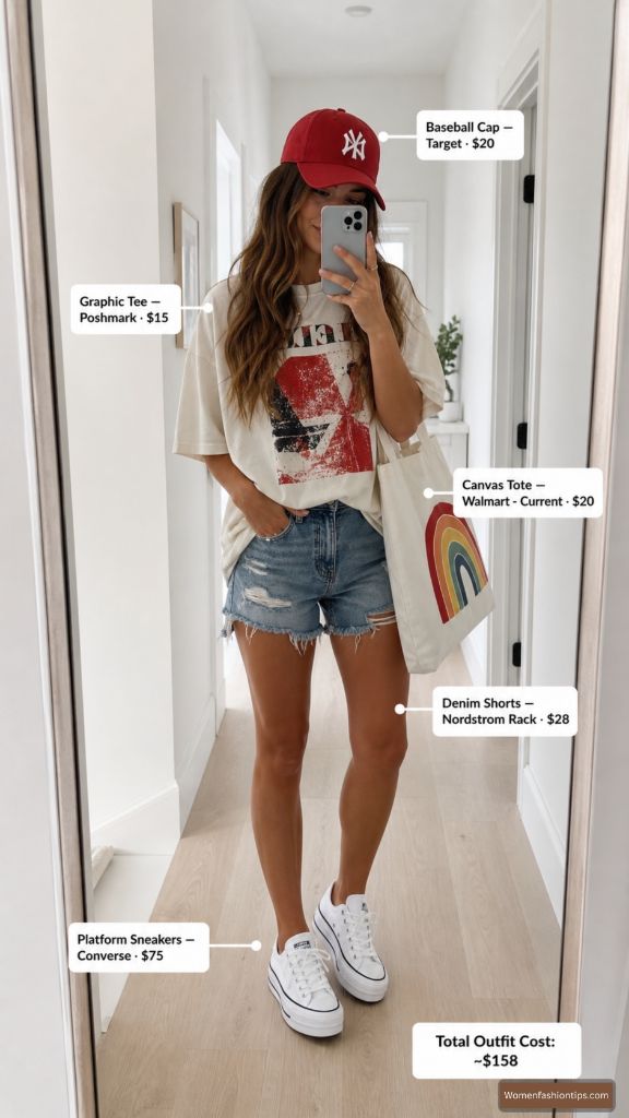 Red Cap and Cutoff Shorts