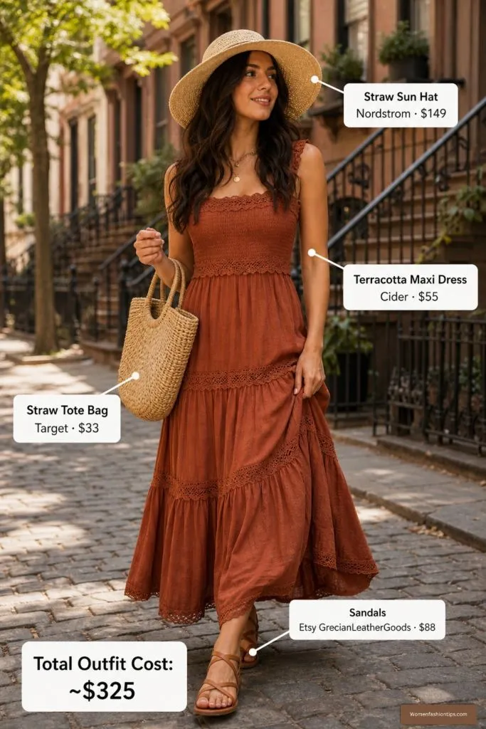 Terracotta Maxi Dress with Straw Sun Hat