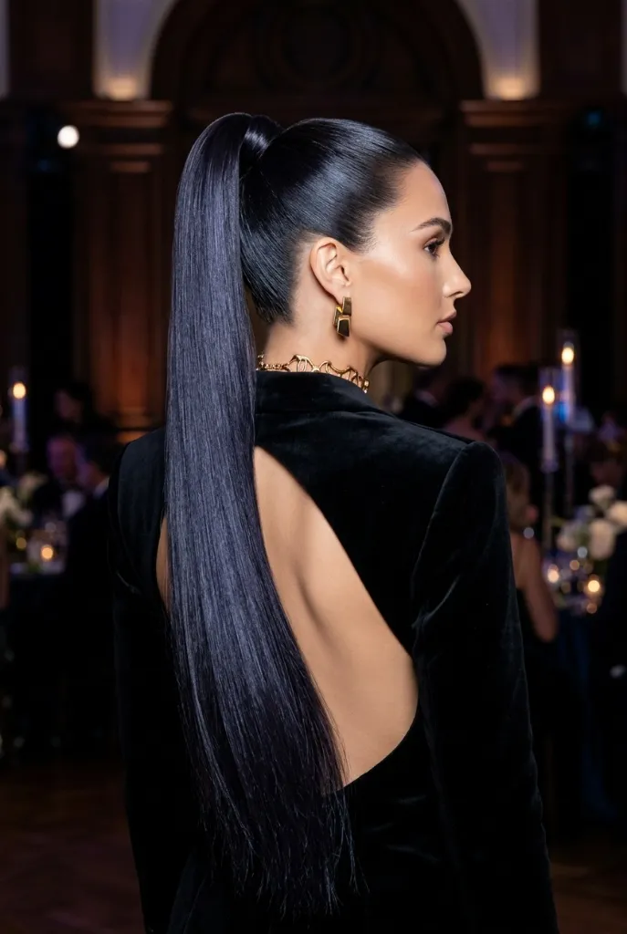 Ultra-sleek high ponytail with jet black straight hair at a formal evening event with candlelight — dramatic, glamorous, red-carpet