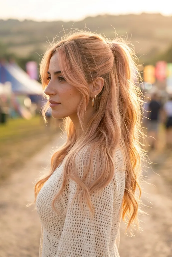 Rose gold and peach blonde long waves in a loose ponytail at an outdoor festival at golden hour — dreamy, romantic, ethereal