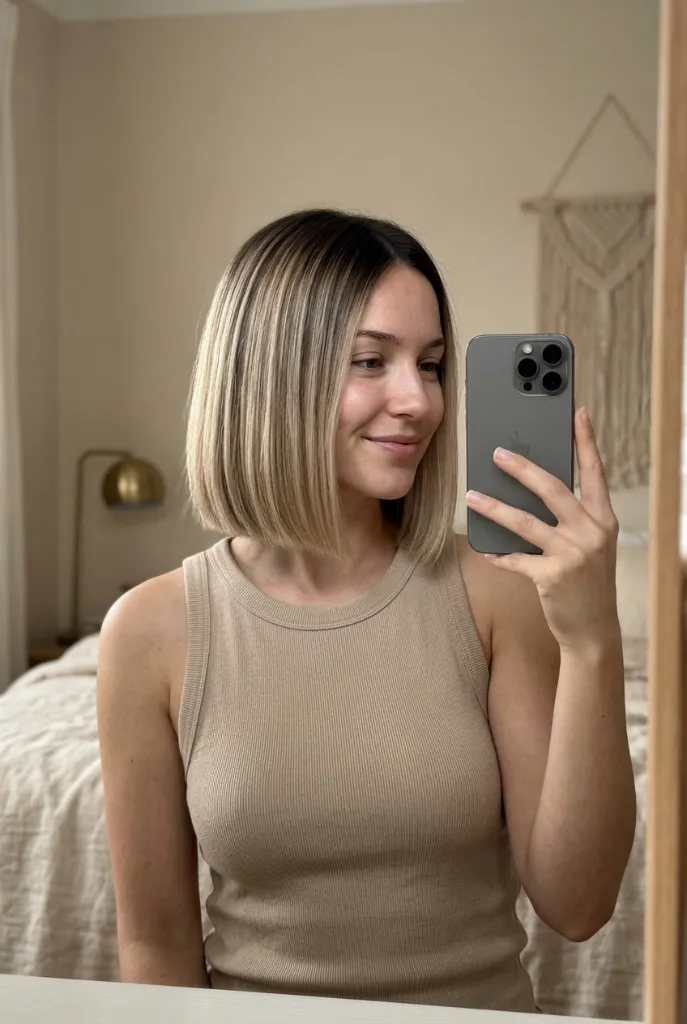 Blunt bob with dark shadow root transitioning to blonde ombre ends