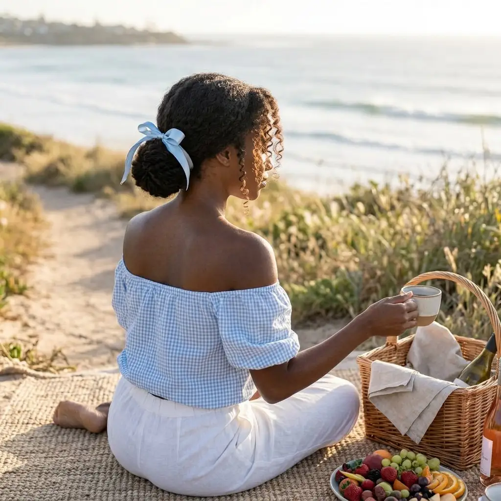 Low messy bun with ribbon — natural curly hair gathered in a low bun with a light blue ribbon, beach picnic setting with woven mat and fruit