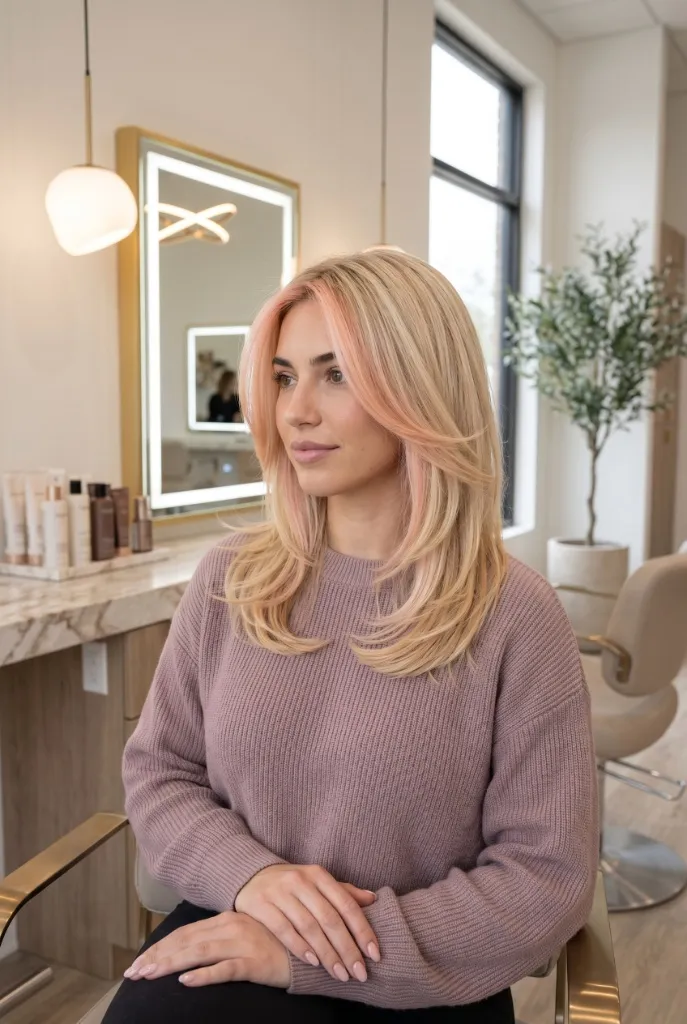 Peach Blonde Layered Lob Summer 2026 Warm peach blonde medium-length layered hair with subtle pink tones