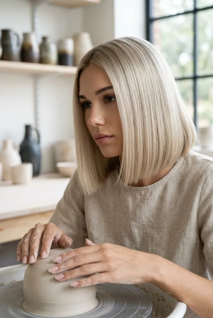 Icy Blonde Precision Bob Hair Color 2026 Platinum blonde blunt bob on a woman doing pottery in a ceramic studio