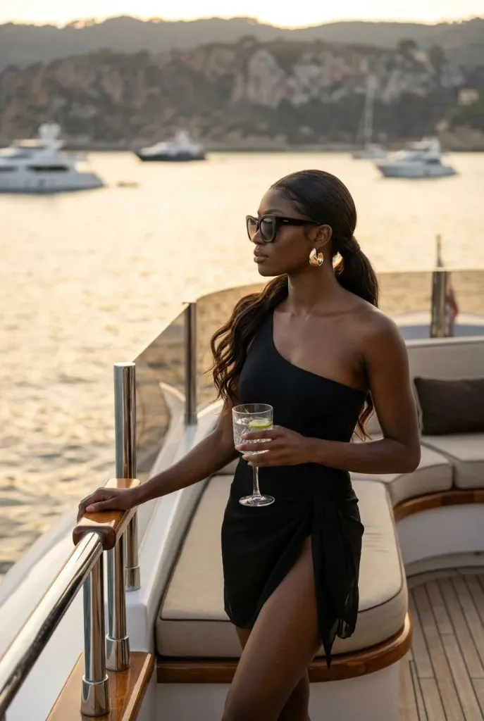 Woman with sleek low wavy ponytail, oversized sunglasses, gold hoop earrings, one-shoulder black swimsuit and sarong, luxury yacht deck at sunset — glamorous, sophisticated, aspirational
