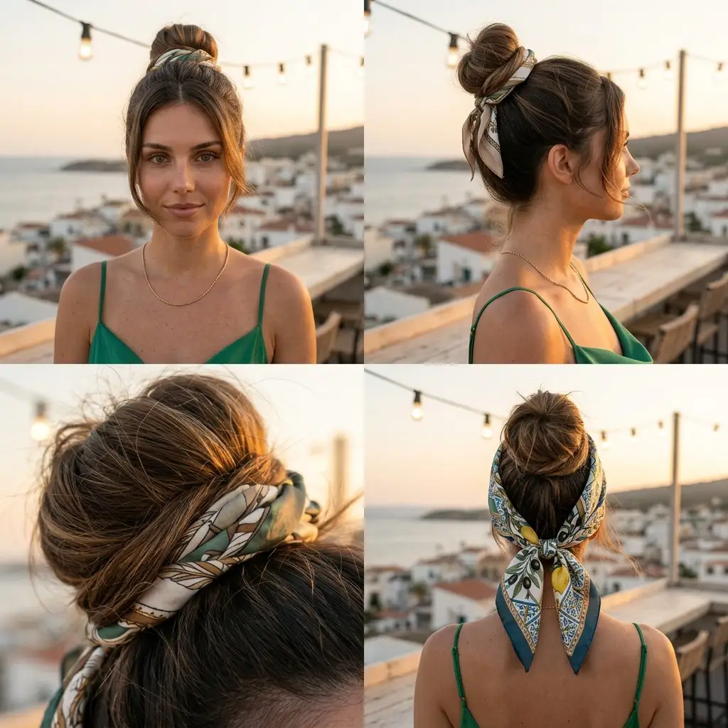 Mediterranean scarf-wrapped topknot — brunette hair in a high bun wrapped with a patterned scarf, shown from four angles, green strappy top, rooftop terrace at sunset overlooking white Mediterranean houses