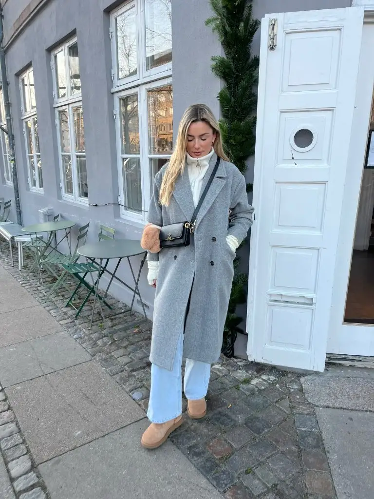 Grey coat with Uggs and jeans