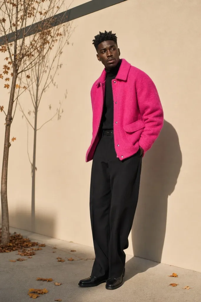 Bold men's fall outfit with hot pink wool jacket over all-black base of turtleneck and wide-leg trousers