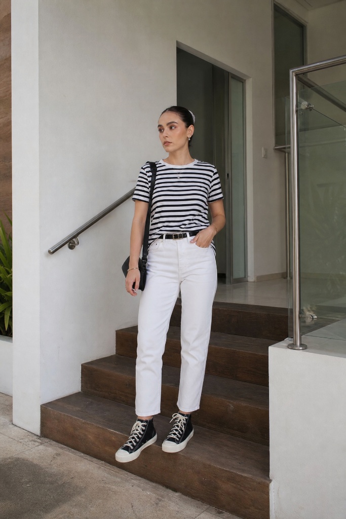 Black and white striped tee with white jeans and black high-top sneakers