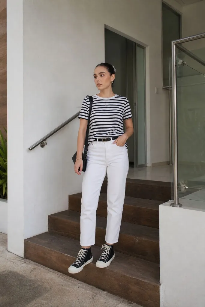 Black and white striped tee with white jeans and black high-top sneakers