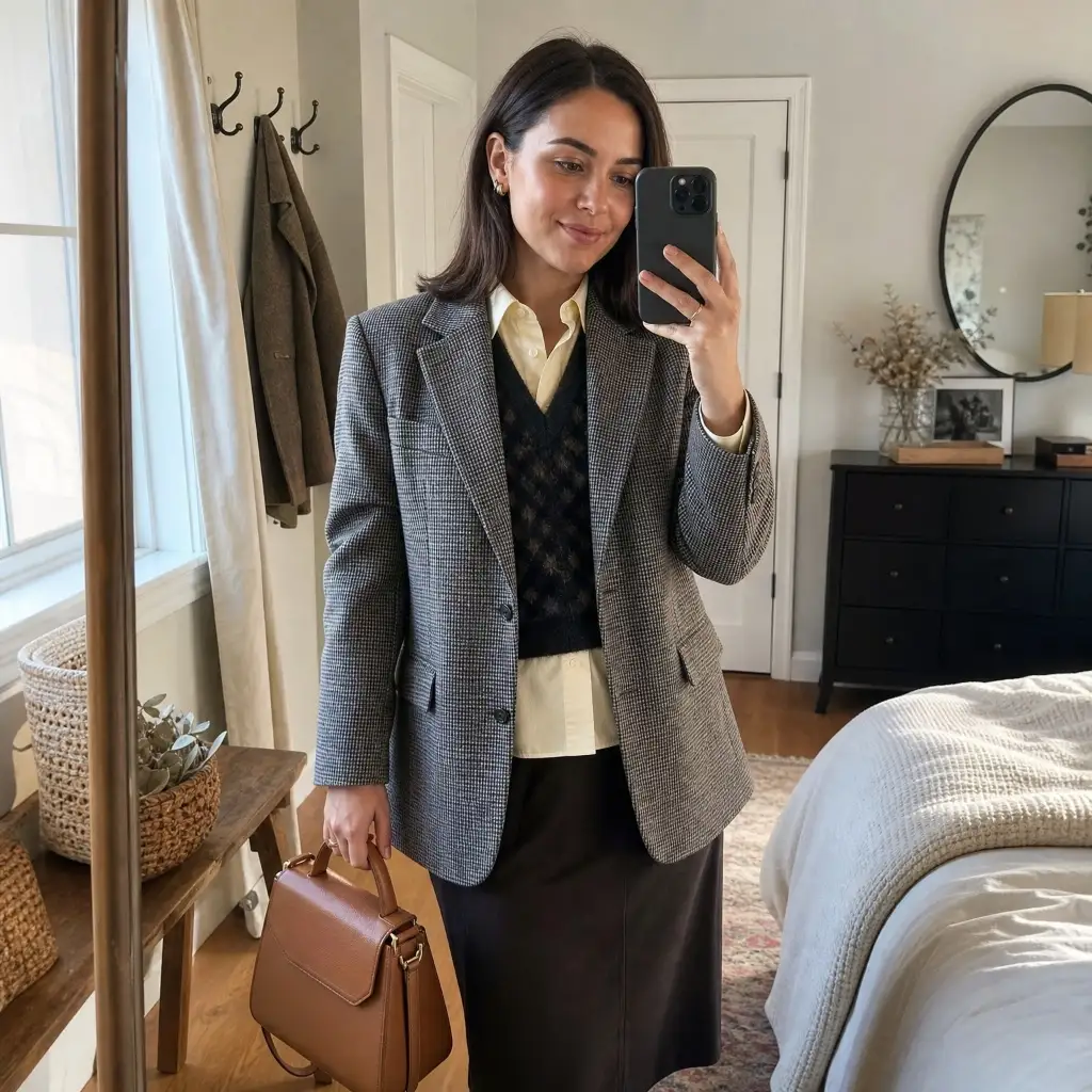 Gray houndstooth blazer over a navy argyle vest and yellow shirt with a brown midi skirt and tan bag