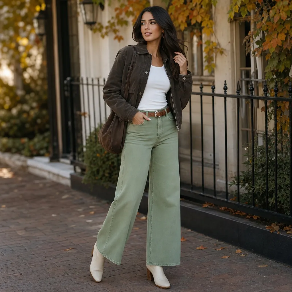 Sage green wide-leg jeans with brown jacket and white boots