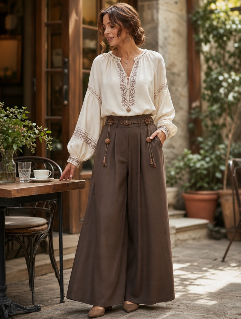 Cream embroidered peasant blouse with chocolate brown wide-leg trousers and tassel belt