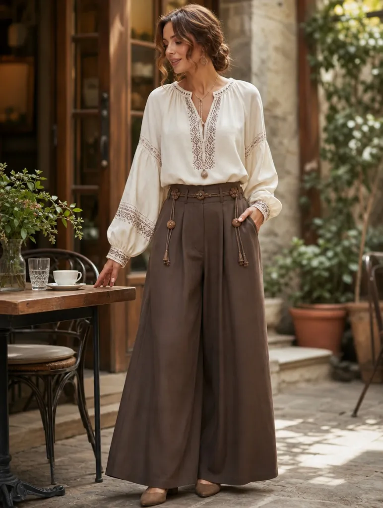 Cream embroidered peasant blouse with chocolate brown wide-leg trousers and tassel belt