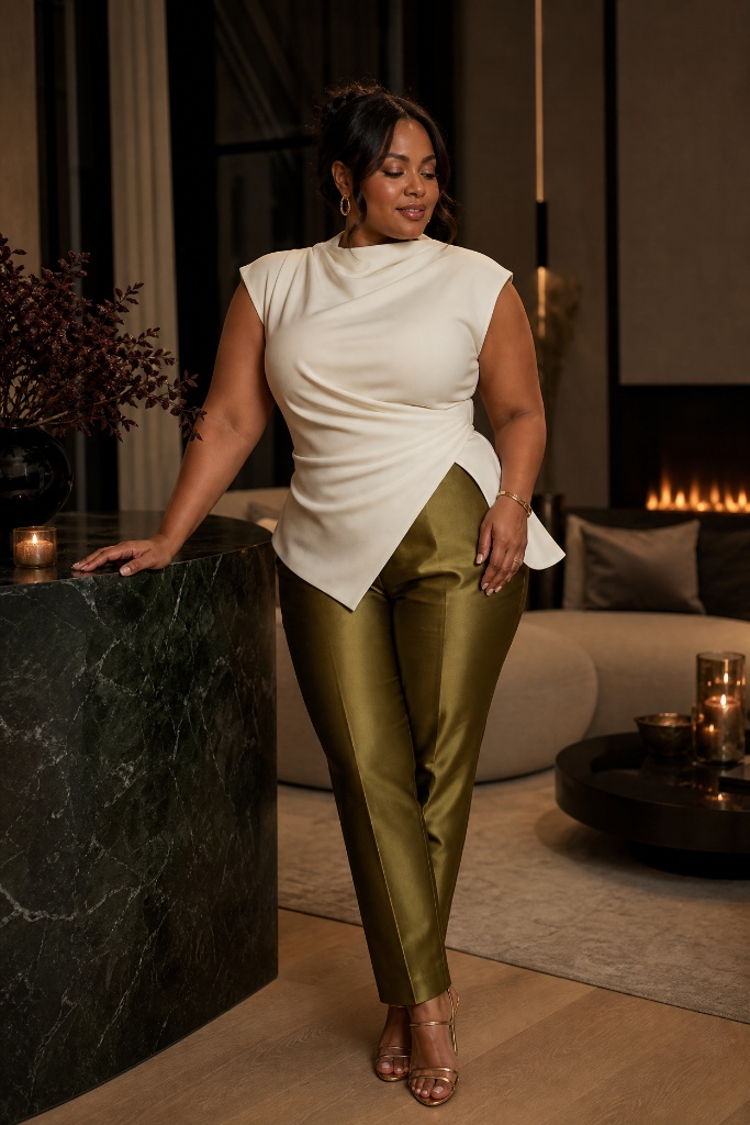 White draped asymmetric top with olive satin trousers