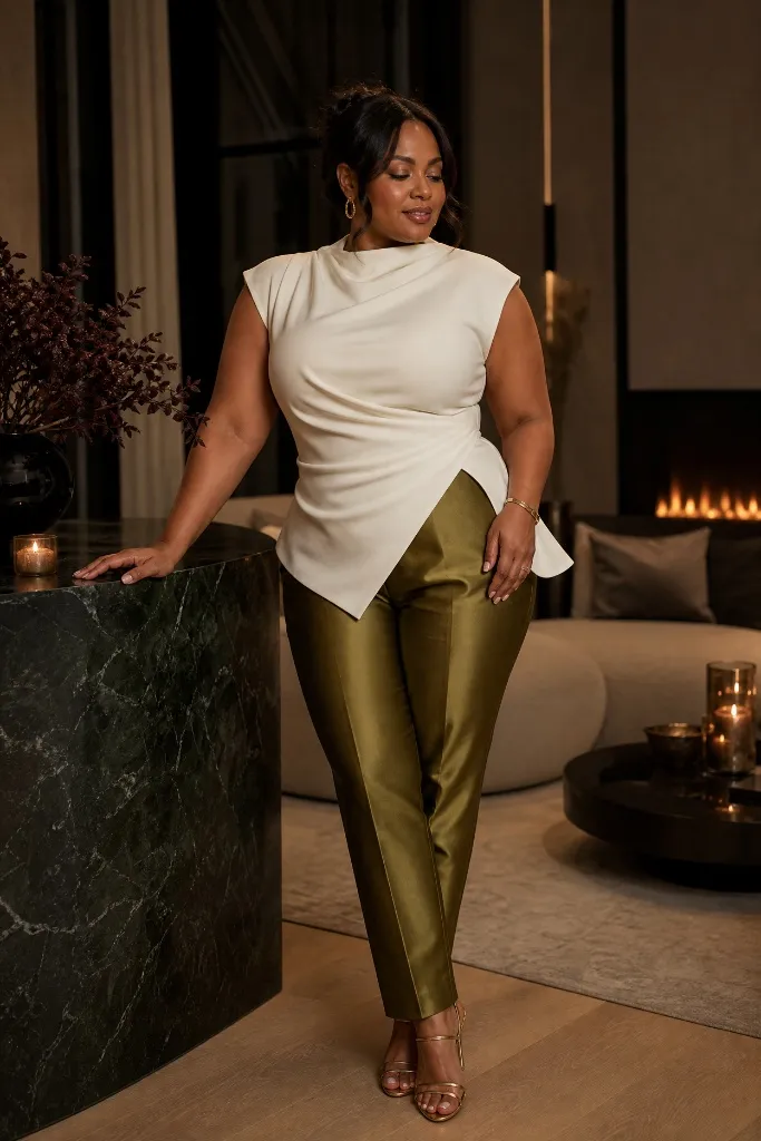 White draped asymmetric top with olive satin trousers