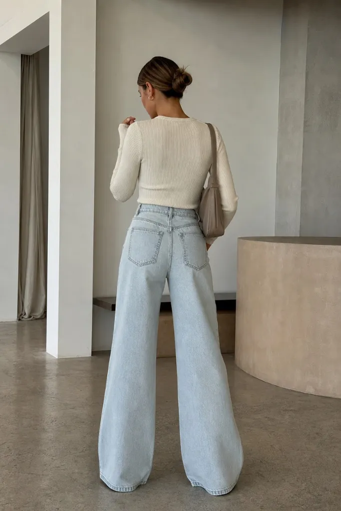 Back view of cream knit top with light wash wide-leg jeans