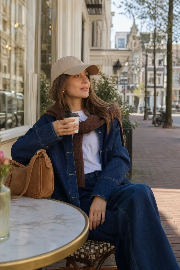 Double denim outfit with white tee, brown sweater draped over shoulders, and beige cap at European café