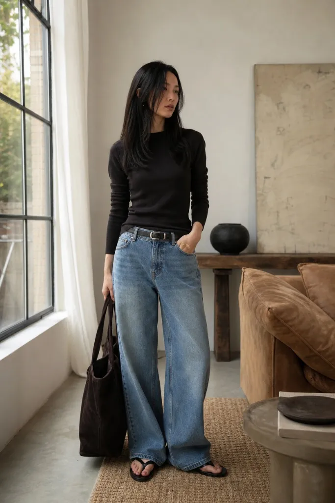 Minimalist black top with wide-leg jeans and flip flops