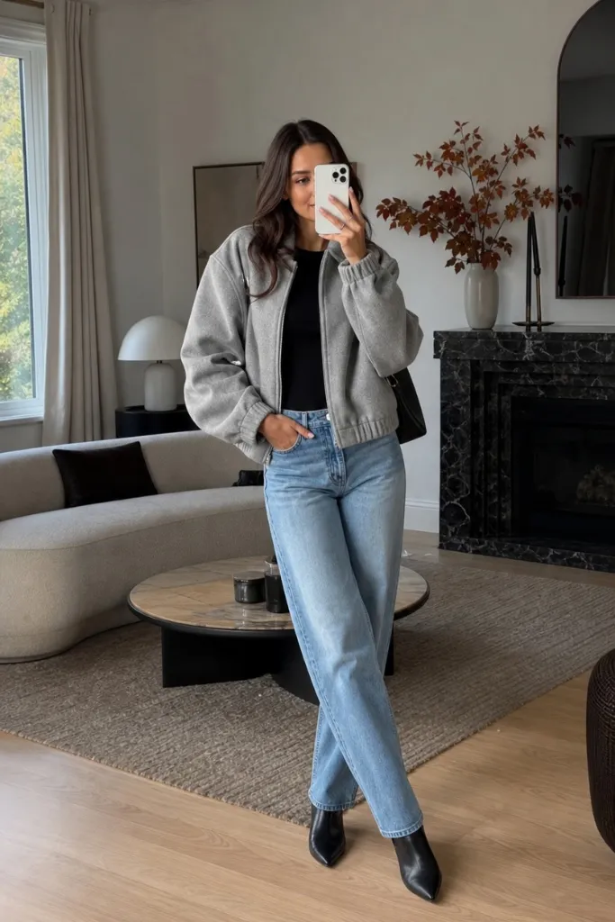 Grey bomber jacket with straight-leg jeans and black boots