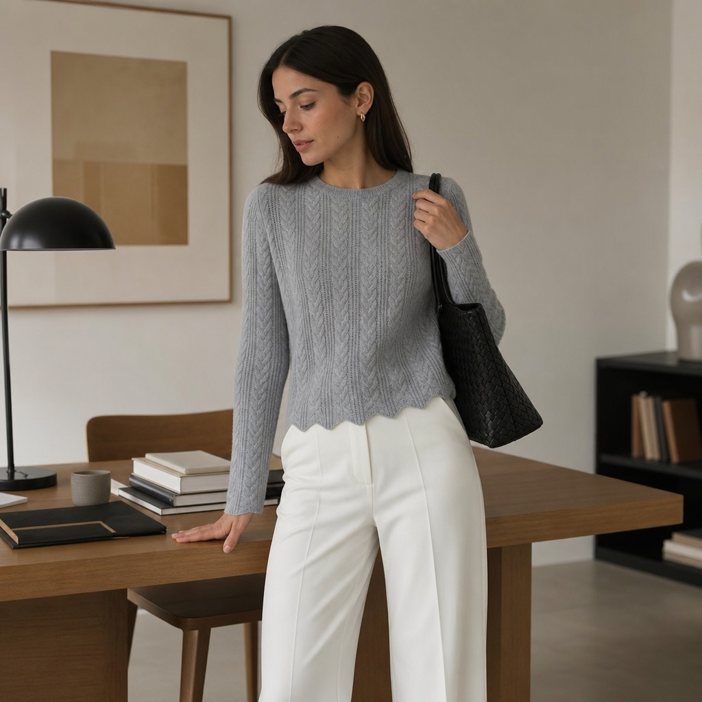 Fall smart casual cable knit sweater with white trousers