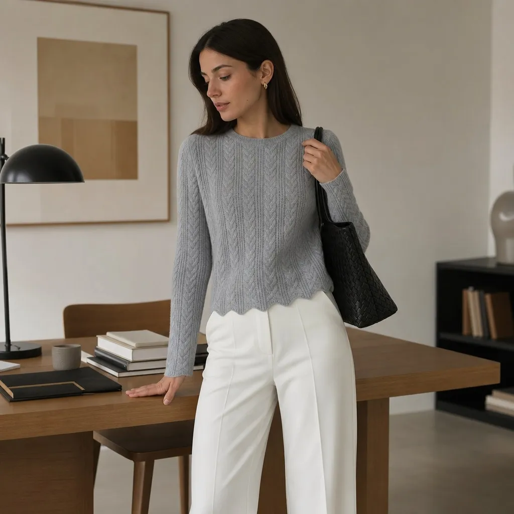 Fall smart casual cable knit sweater with white trousers
