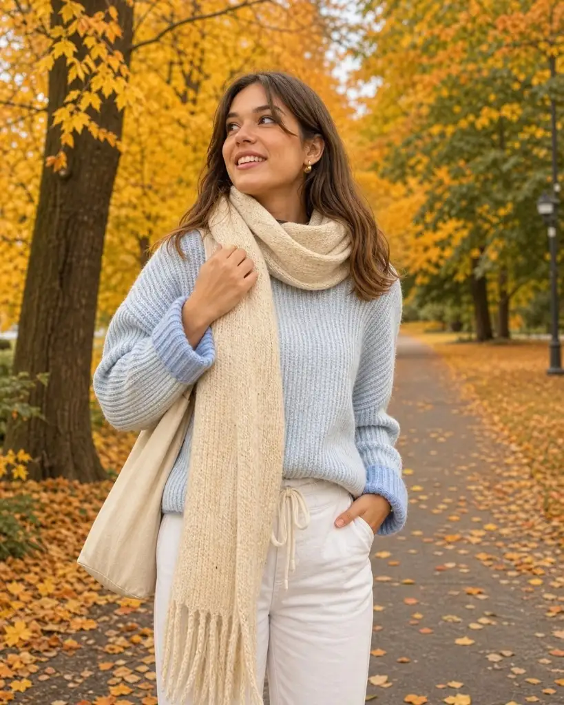 Light blue sweater with cream scarf and white pants in autumn park