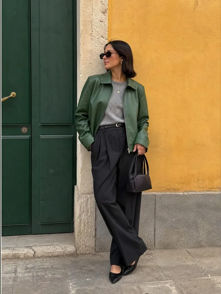 Green leather jacket with grey sweater and black trousers
