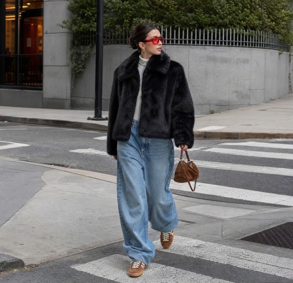 Black faux fur jacket with wide light wash jeans and brown suede sneakers