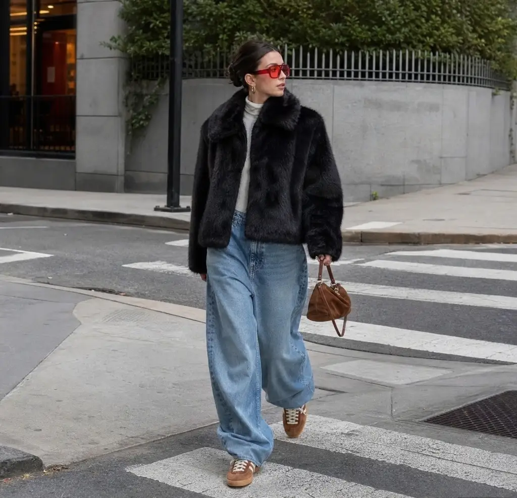 Black faux fur jacket with wide light wash jeans and brown suede sneakers