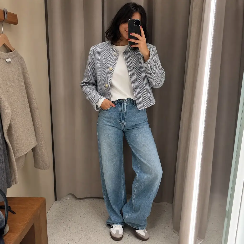 Grey tweed jacket with white tee and light wide jeans