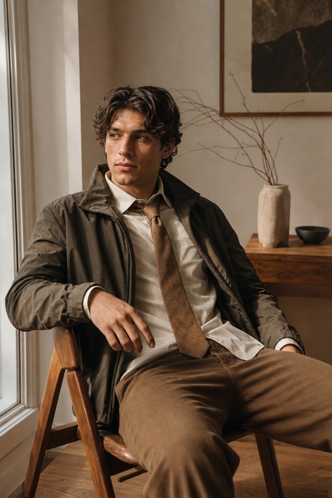 Men's countryside-inspired fall outfit with olive waxed jacket, cream shirt, tan knit tie, and brown corduroy trousers