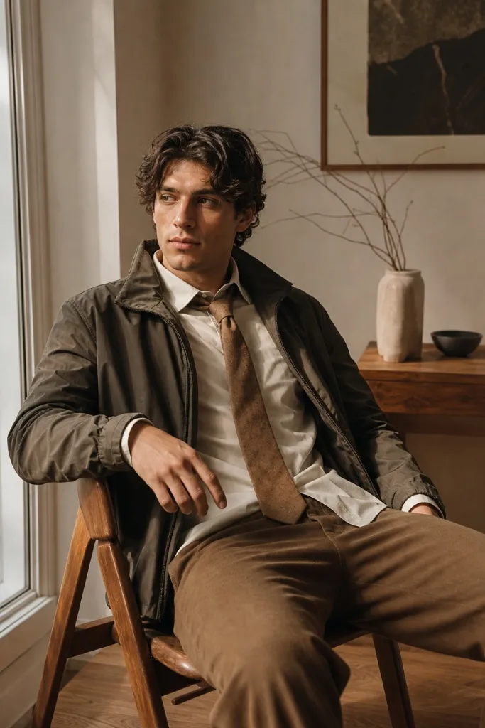 Men's countryside-inspired fall outfit with olive waxed jacket, cream shirt, tan knit tie, and brown corduroy trousers