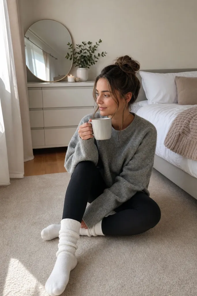 Grey oversized sweater with black leggings and white slouchy socks