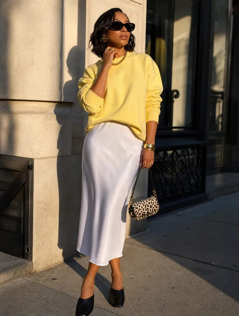 Butter yellow crewneck sweater with white satin midi skirt, black mules, and leopard print bag