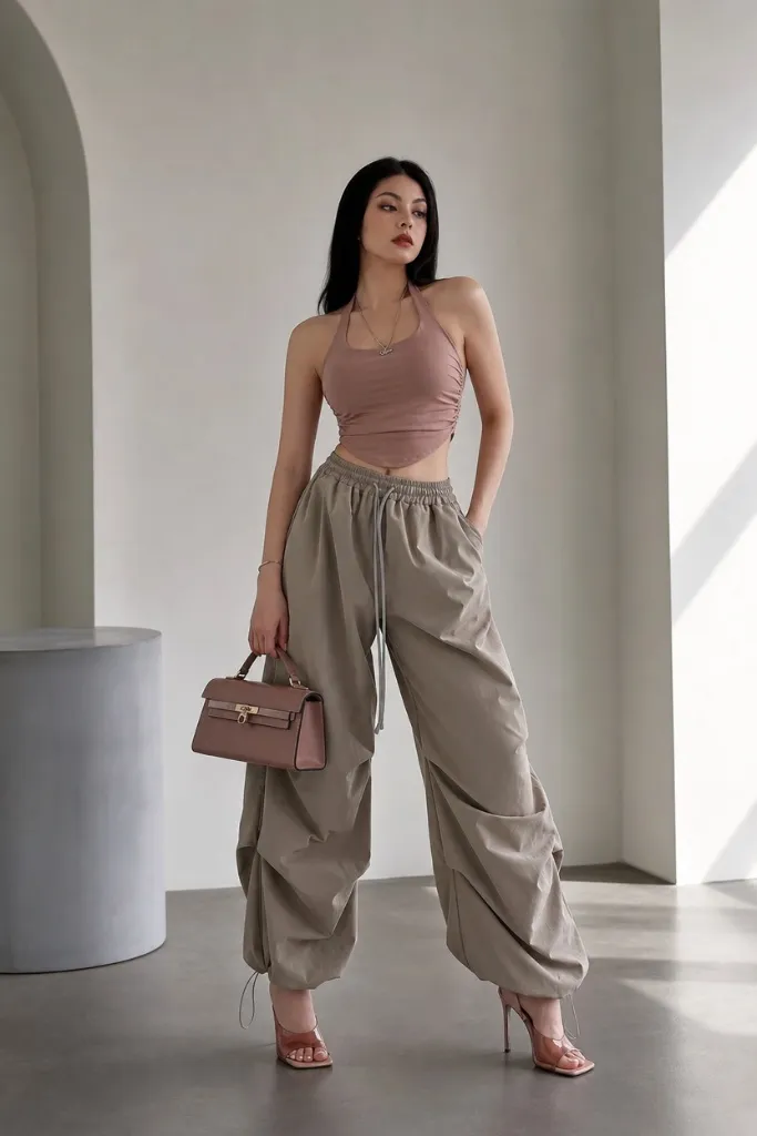 Dusty pink halter top with sage green parachute pants and heeled sandals