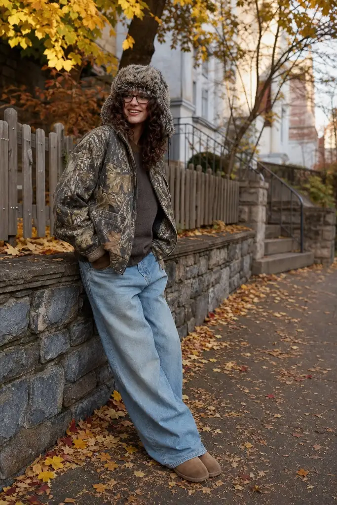 Camo bomber jacket with fur hat and baggy jeans