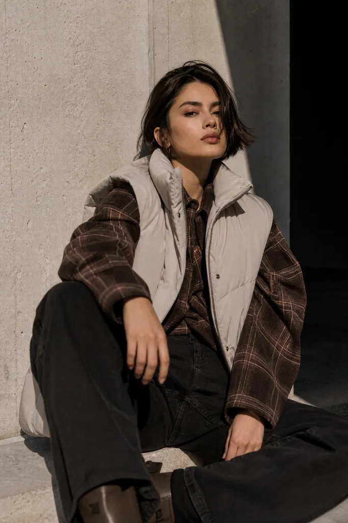 Cream puffer vest over brown plaid flannel with black jeans