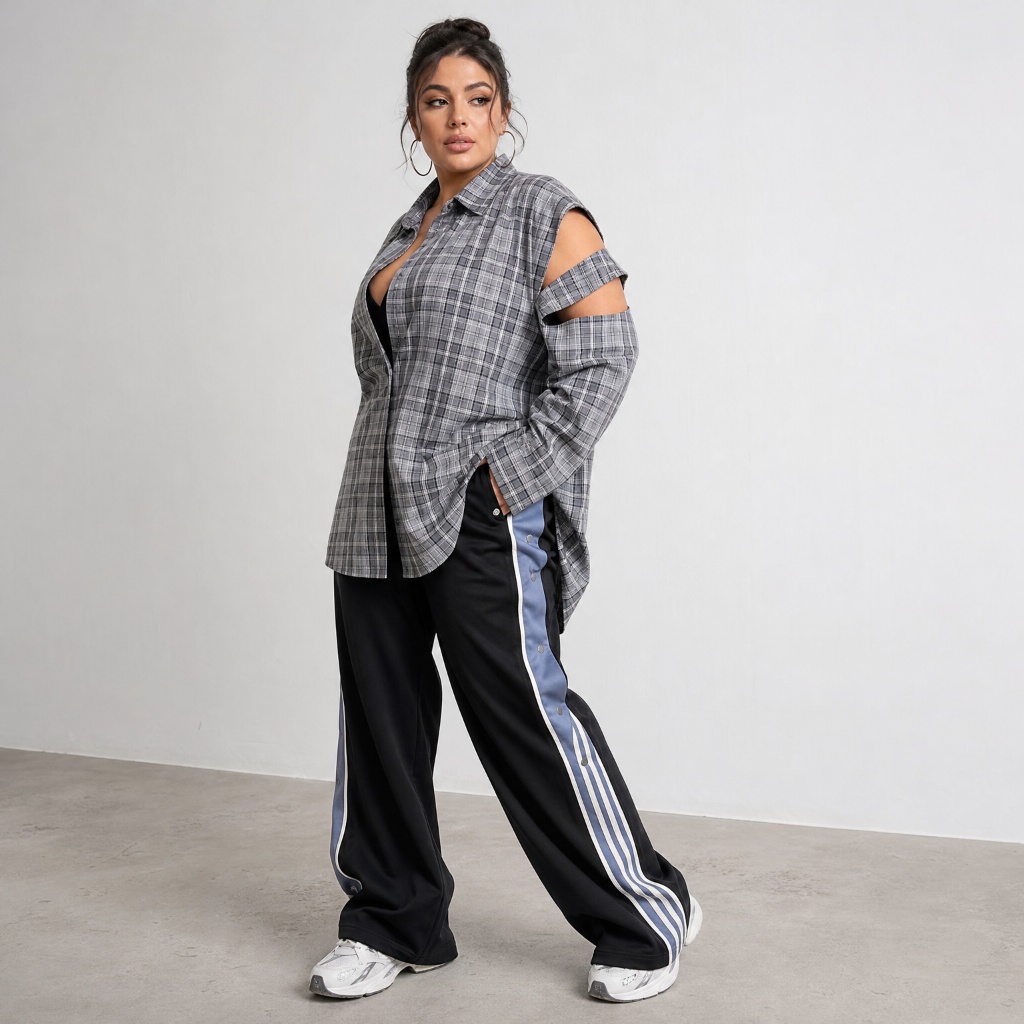 Grey plaid cut-out shirt with black and blue side-stripe track pants