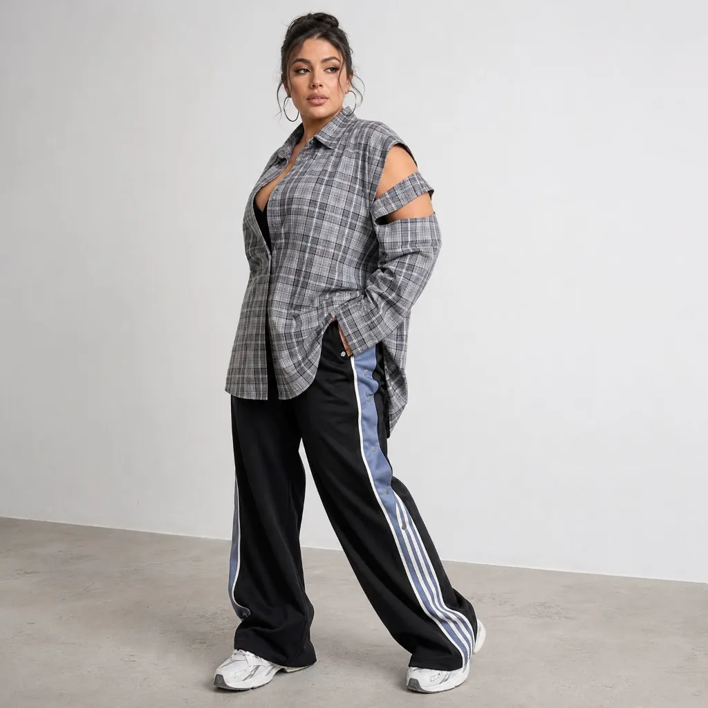 Grey plaid cut-out shirt with black and blue side-stripe track pants