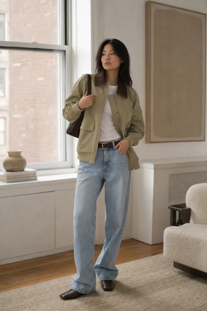 Olive utility jacket with white tee and light-wash wide-leg jeans