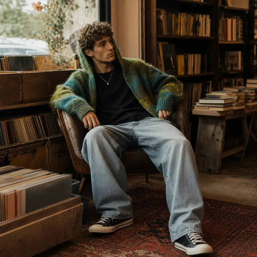 Cozy men's fall outfit with green mohair cardigan, black tee, light wash jeans, and Converse sneakers in a bookshop