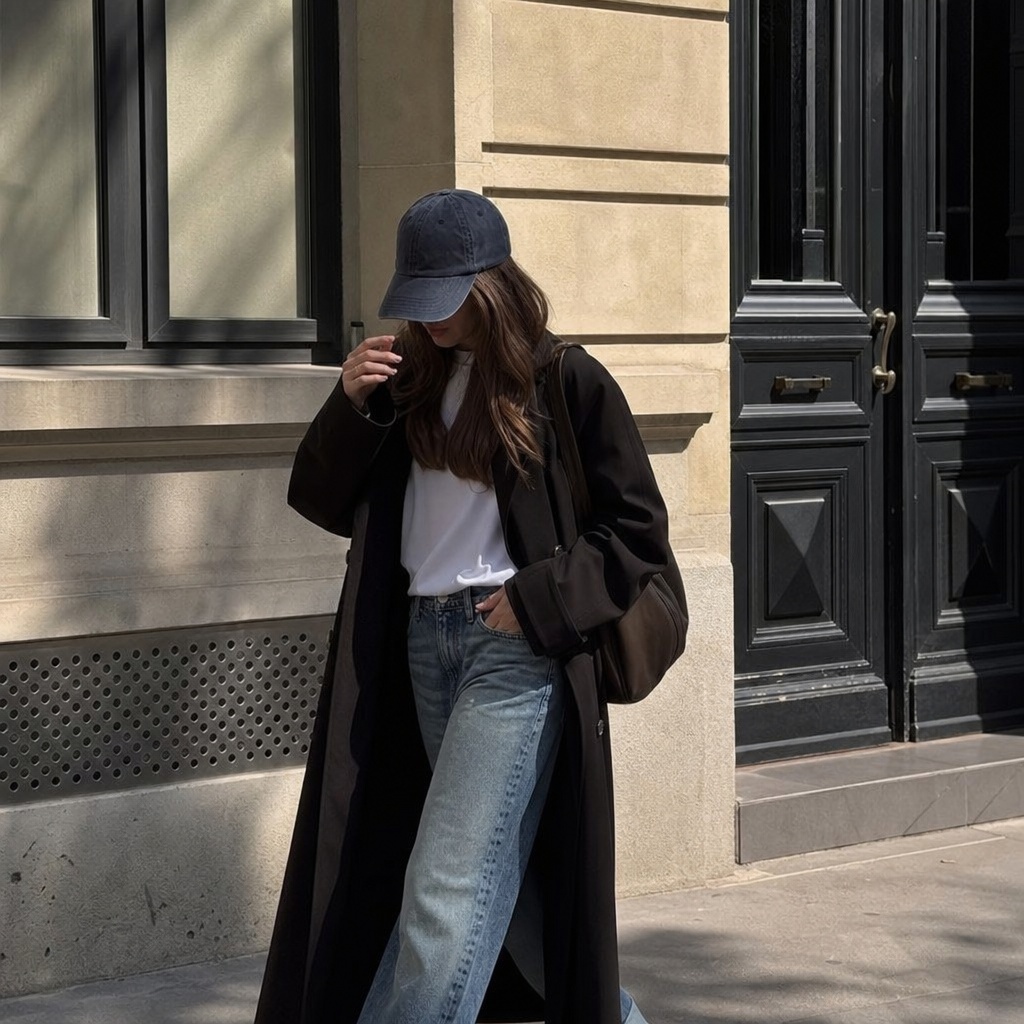 Black long coat with jeans and white tee